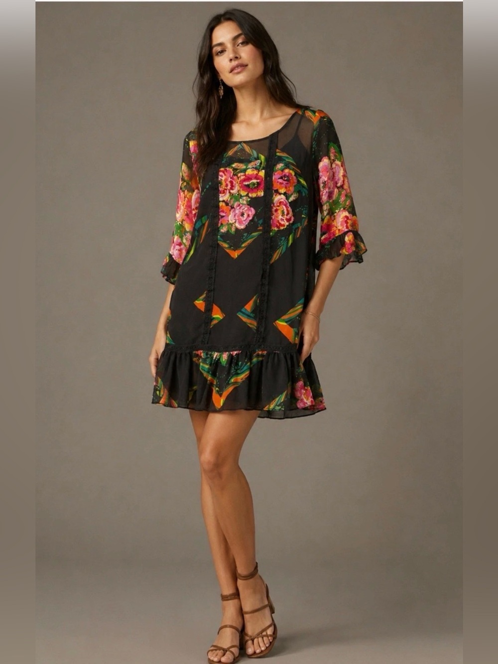 Anthropologie Moulinette Soeurs 100% Silk Floral Sheer Dress & Slip Liner Size m